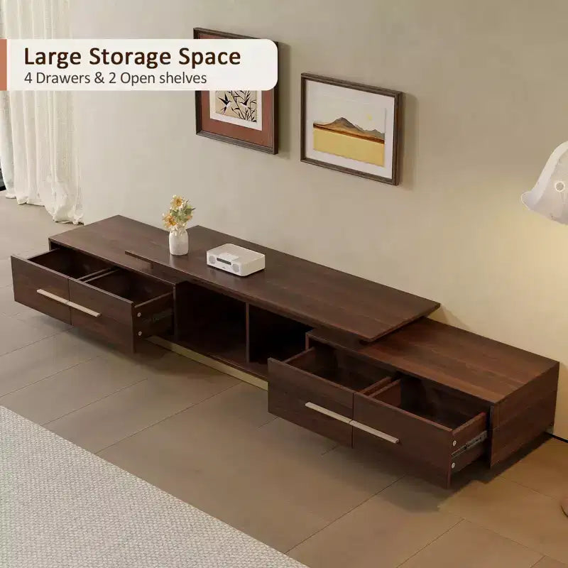 Extendable TV Stand for TVs up to 100, Mid-Century Modern Media Console with Walnut Finish, Stainless Steel Base for Living Room