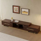 Meuble TV extensible pour téléviseurs jusqu'à 100", console média moderne du milieu du siècle avec finition noyer, base en acier inoxydable pour salon