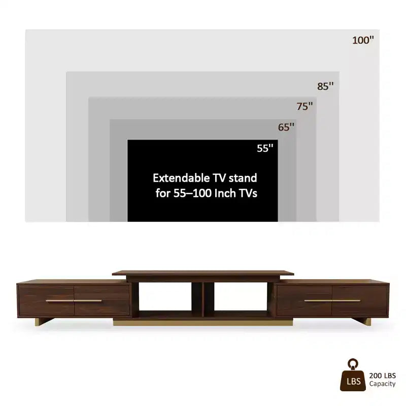 Extendable TV Stand for TVs up to 100, Mid-Century Modern Media Console with Walnut Finish, Stainless Steel Base for Living Room