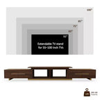 Meuble TV extensible pour téléviseurs jusqu'à 100", console média moderne du milieu du siècle avec finition noyer, base en acier inoxydable pour salon