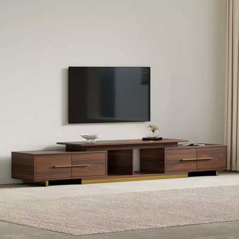 Extendable TV Stand for TVs up to 100, Mid-Century Modern Media Console with Walnut Finish, Stainless Steel Base for Living Room
