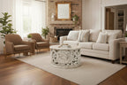 Royal Hampton Alina Coffee Table Handcrafted Mango Wood Floral Carved Cut Out Design Distressed White Finish 33 Inch