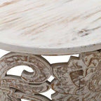Table Basse Bois de Mangue Sculpté à la Main Motif Floral Découpé Finition Blanc Vieilli 33 Pouces