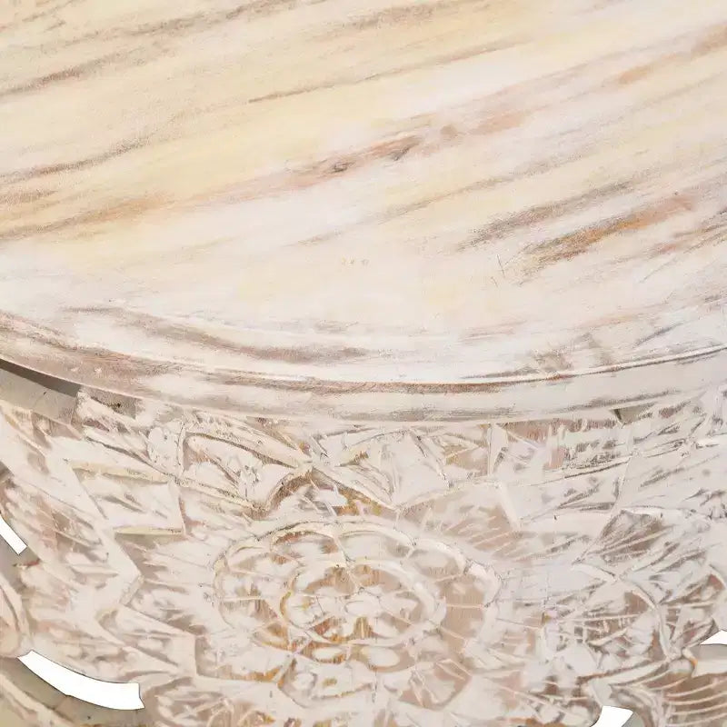 Coffee Table Handcrafted Mango Wood Floral Carved Cut Out Design Distressed White Finish 33 Inch