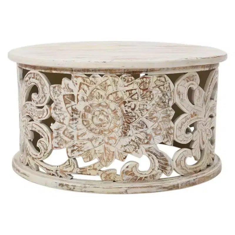 Coffee Table Handcrafted Mango Wood Floral Carved Cut Out Design Distressed White Finish 33 Inch