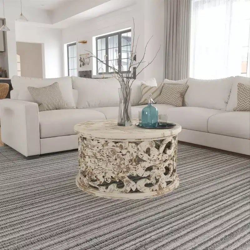 Coffee Table Handcrafted Mango Wood Floral Carved Cut Out Design Distressed White Finish 33 Inch