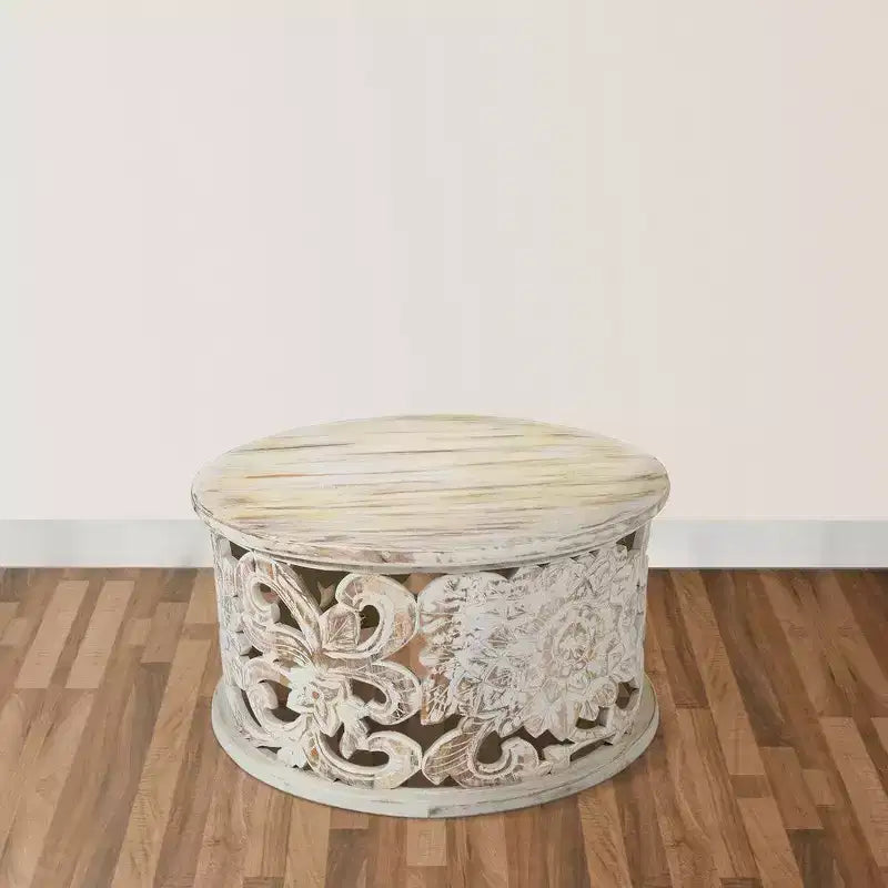 Coffee Table Handcrafted Mango Wood Floral Carved Cut Out Design Distressed White Finish 33 Inch