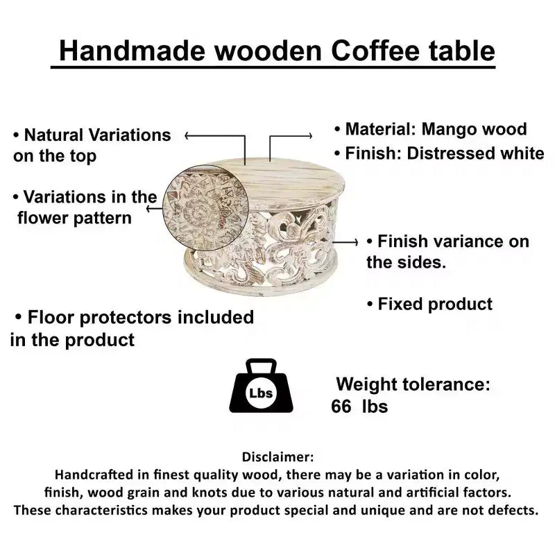 Coffee Table Handcrafted Mango Wood Floral Carved Cut Out Design Distressed White Finish 33 Inch