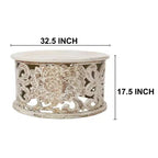 Table Basse Bois de Mangue Sculpté à la Main Motif Floral Découpé Finition Blanc Vieilli 33 Pouces