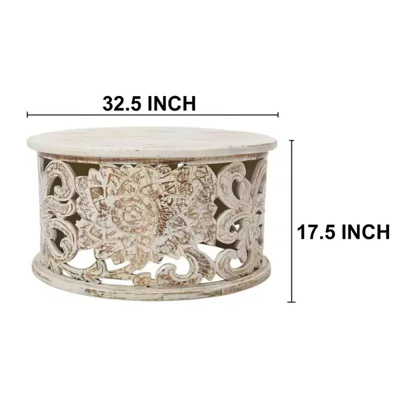 Coffee Table Handcrafted Mango Wood Floral Carved Cut Out Design Distressed White Finish 33 Inch