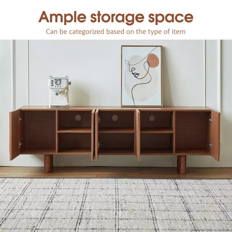 Mid-Century Modern Threaded TV Media Cabinet, fits TVs up to 80 inches, with recessed door panels and 4 storage cabinets, Walnut
