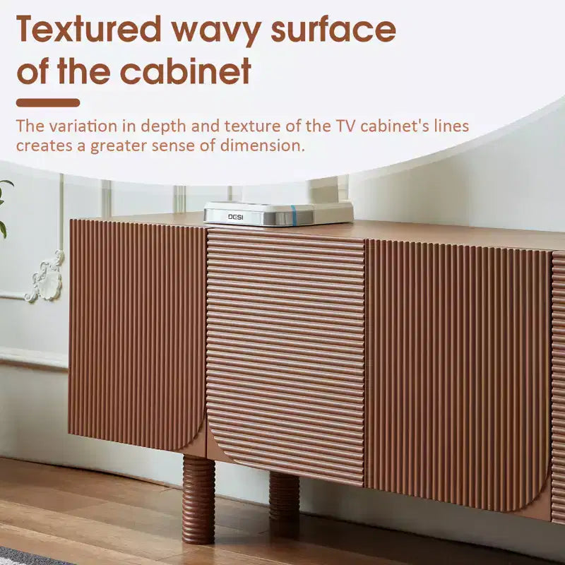 Mid-Century Modern Threaded TV Media Cabinet, fits TVs up to 80 inches, with recessed door panels and 4 storage cabinets, Walnut