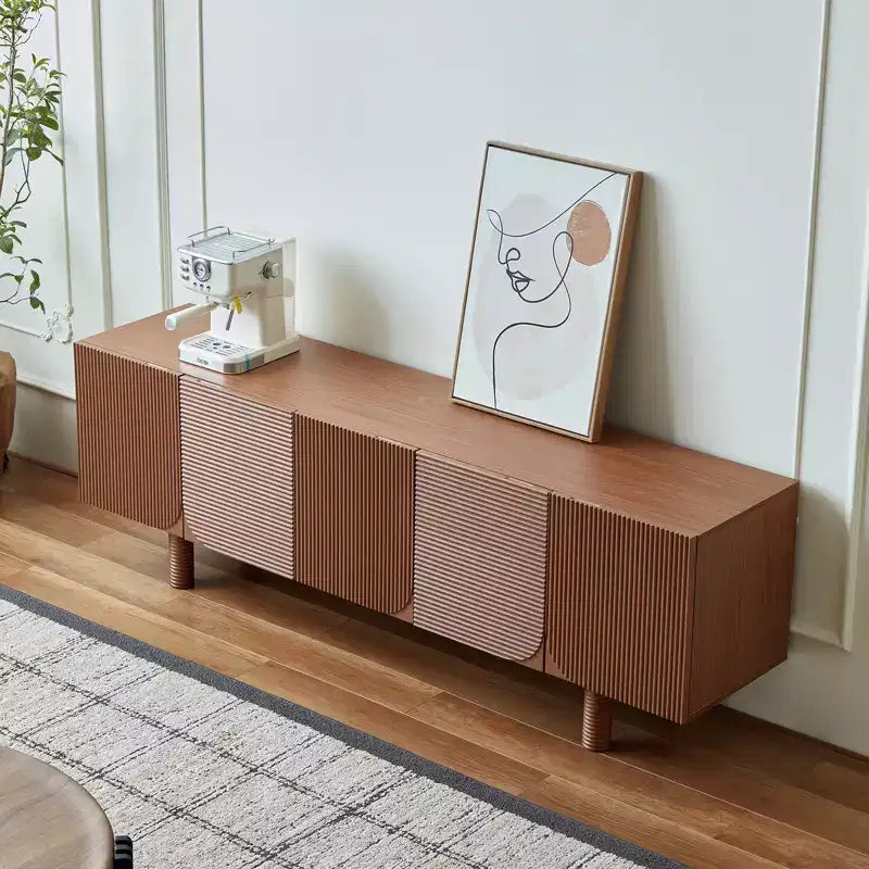 Mid-Century Modern Threaded TV Media Cabinet, fits TVs up to 80 inches, with recessed door panels and 4 storage cabinets, Walnut