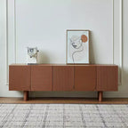 Meuble TV média Mid-Century Modern Threaded, pour téléviseurs jusqu'à 80 pouces, avec portes à panneaux encastrés et 4 placards de rangement, Noyer