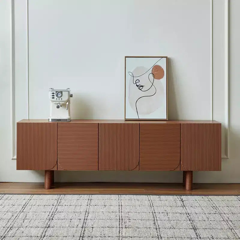 Mid-Century Modern Threaded TV Media Cabinet, fits TVs up to 80 inches, with recessed door panels and 4 storage cabinets, Walnut