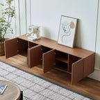 Meuble TV média Mid-Century Modern Threaded, pour téléviseurs jusqu'à 80 pouces, avec portes à panneaux encastrés et 4 placards de rangement, Noyer