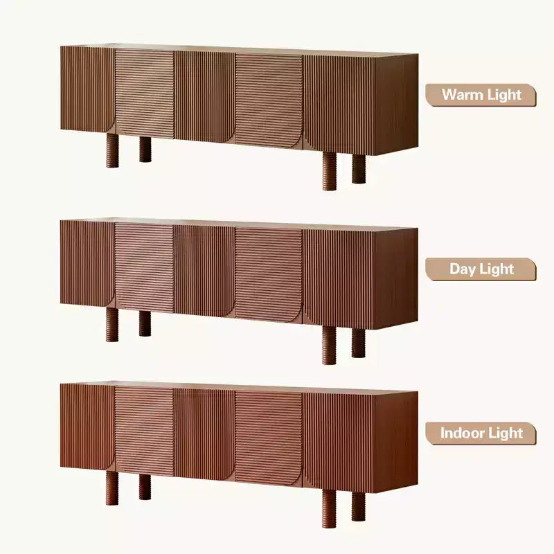 Mid-Century Modern Threaded TV Media Cabinet, fits TVs up to 80 inches, with recessed door panels and 4 storage cabinets, Walnut