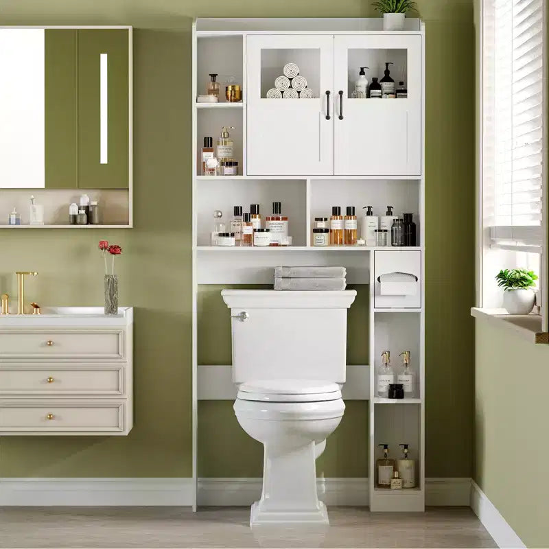 Over the Toilet Storage Cabinet with Adjustable Shelves, Modern Bathroom Organizer Unit with Tempered Glass Door & Open Shelving