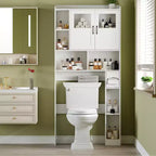 Meuble de rangement WC au-dessus des toilettes avec étagères réglables, organisateur de salle de bain moderne avec porte en verre trempé et étagères ouvertes