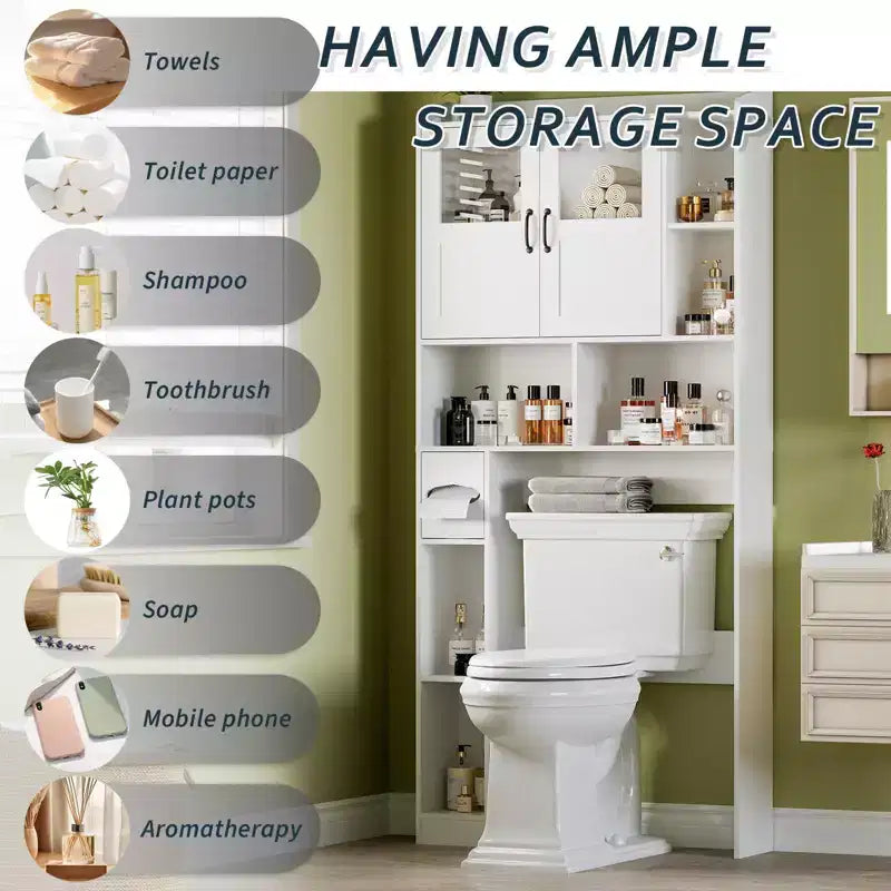 Over the Toilet Storage Cabinet with Adjustable Shelves, Modern Bathroom Organizer Unit with Tempered Glass Door & Open Shelving