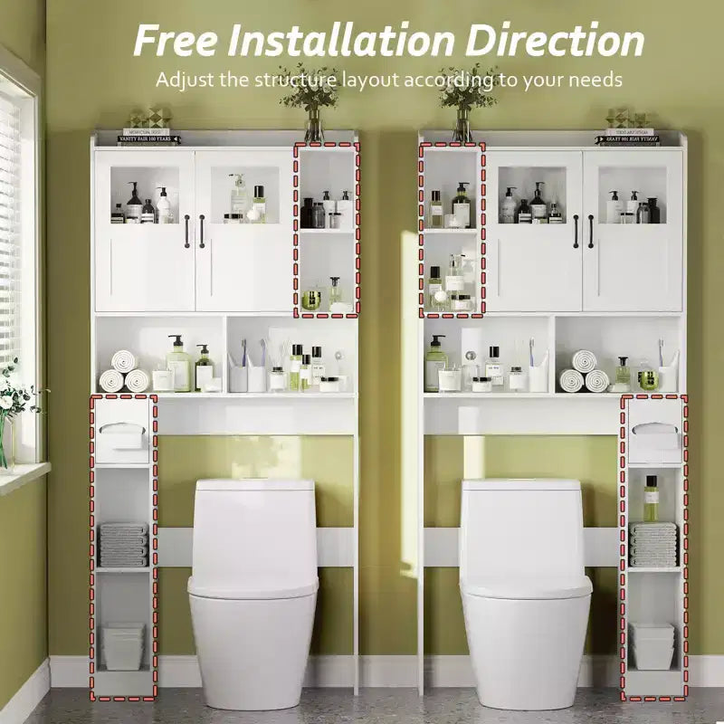 Over the Toilet Storage Cabinet with Adjustable Shelves, Modern Bathroom Organizer Unit with Tempered Glass Door & Open Shelving