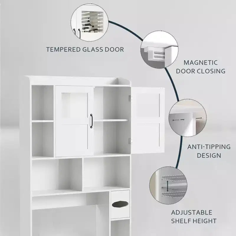 Over the Toilet Storage Cabinet with Adjustable Shelves, Modern Bathroom Organizer Unit with Tempered Glass Door & Open Shelving