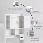 Meuble de rangement WC au-dessus des toilettes avec étagères réglables, organisateur de salle de bain moderne avec porte en verre trempé et étagères ouvertes