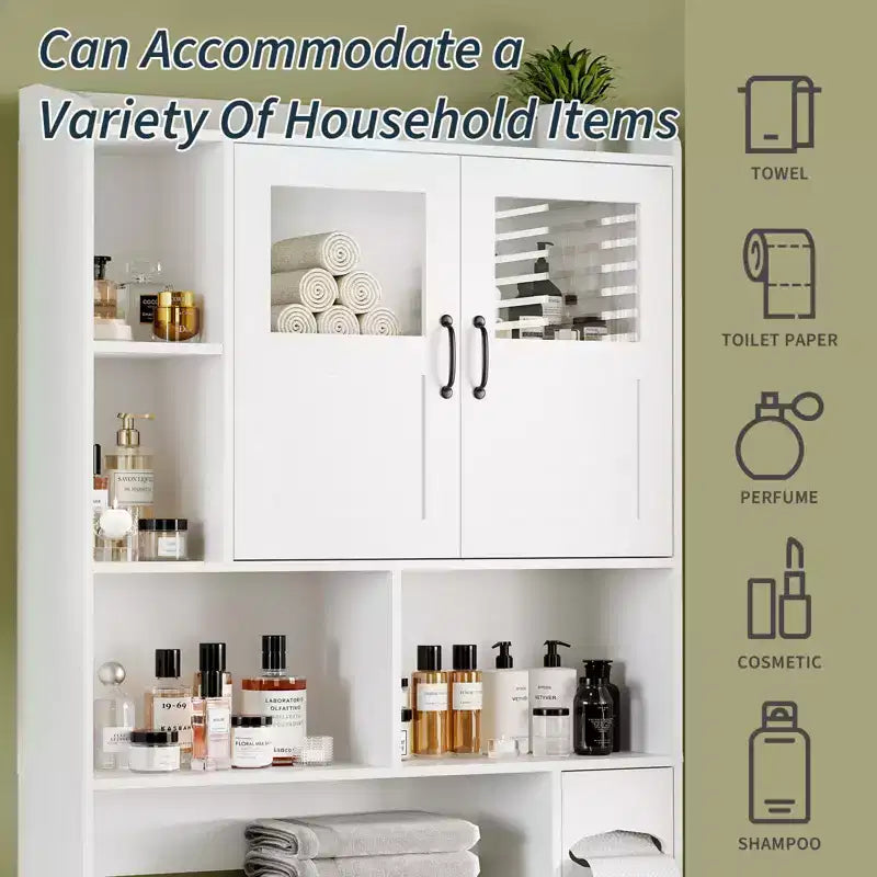 Over the Toilet Storage Cabinet with Adjustable Shelves, Modern Bathroom Organizer Unit with Tempered Glass Door & Open Shelving