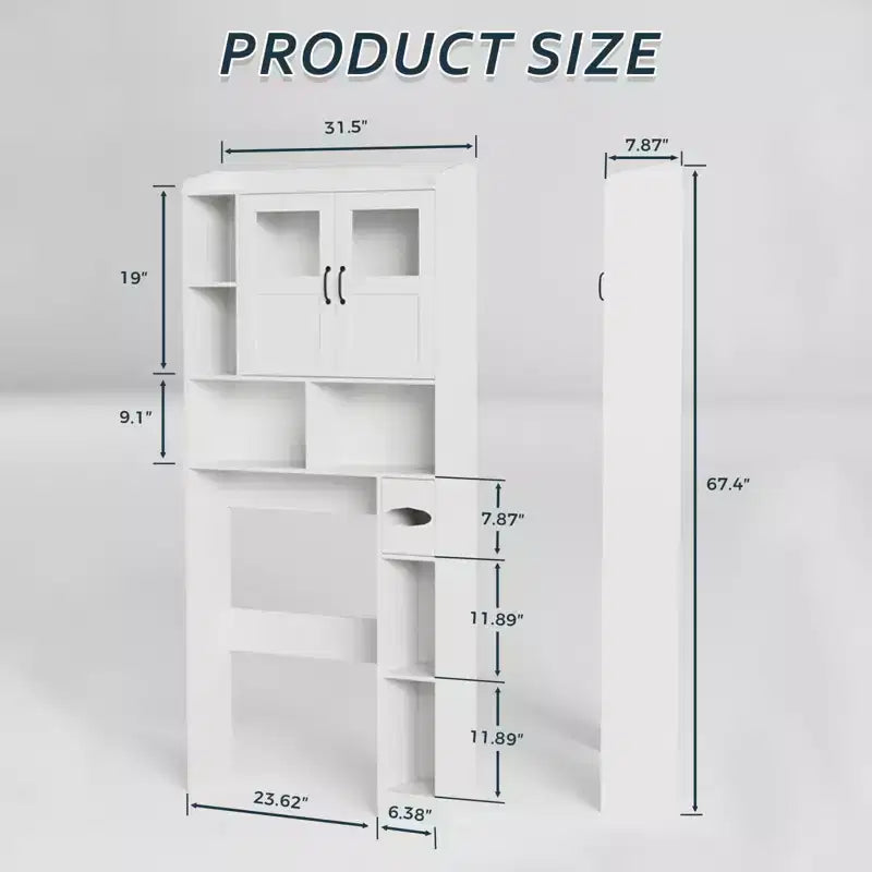 Over the Toilet Storage Cabinet with Adjustable Shelves, Modern Bathroom Organizer Unit with Tempered Glass Door & Open Shelving
