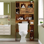 Meuble de rangement WC au-dessus des toilettes avec étagères réglables, organisateur de salle de bain moderne avec porte en verre trempé et étagères ouvertes