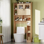Over the Toilet Storage Cabinet with Adjustable Shelves, Modern Bathroom Organizer Unit with Tempered Glass Door & Open Shelving