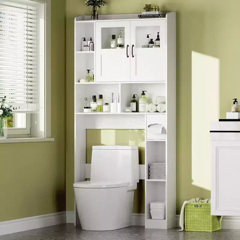 Over the Toilet Storage Cabinet with Adjustable Shelves, Modern Bathroom Organizer Unit with Tempered Glass Door & Open Shelving