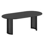 Table à manger ovale pour 6-8 personnes avec plateau à bord incurvé et base en rotin tressé. Table de cuisine de ferme moderne pour salon et salle à manger, noire.