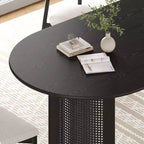 Table à manger ovale pour 6-8 personnes avec plateau à bord incurvé et base en rotin tressé. Table de cuisine de ferme moderne pour salon et salle à manger, noire.