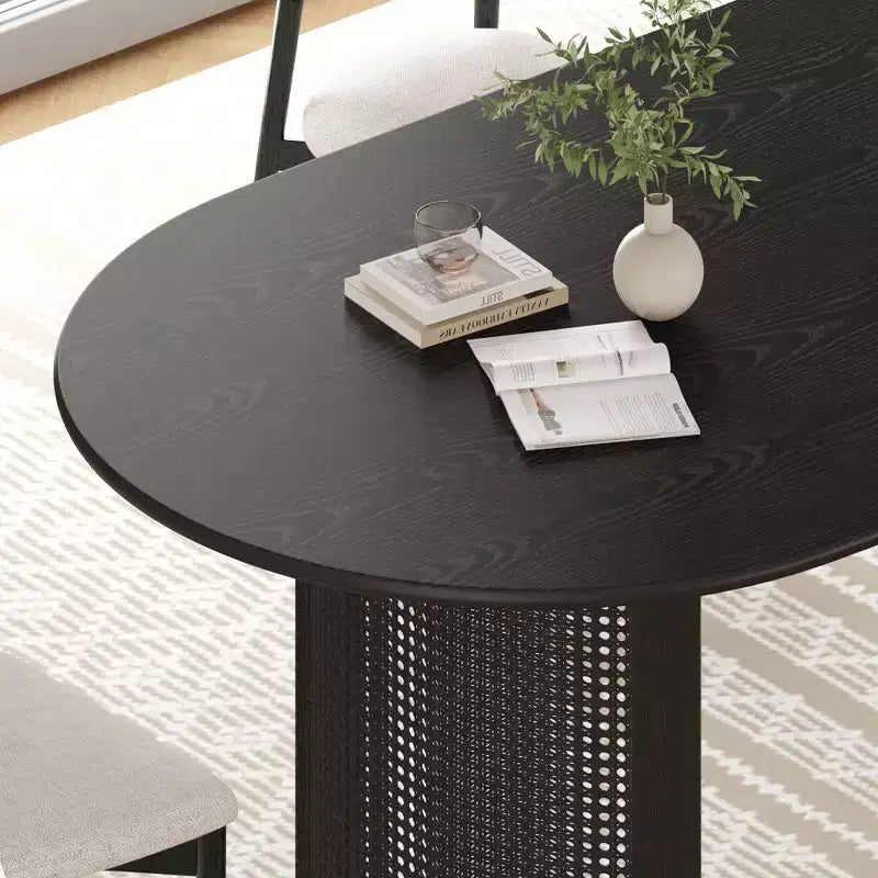 Oval Dining Table for 6-8 with Arc-Shaped Edge Top and Rattan Woven Base Modern Farmhouse Kitchen Table for Living Room Dining Room Black