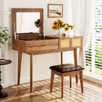 Makeup Vanity with Cushioned Stools, Wood Vanity Desk with Flip-Top Mirror & 3 Large Drawers