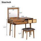 Coiffeuse avec tabourets rembourrés, coiffeuse en bois avec miroir rabattable et 3 grands tiroirs