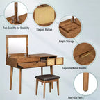 Coiffeuse avec tabourets rembourrés, coiffeuse en bois avec miroir rabattable et 3 grands tiroirs