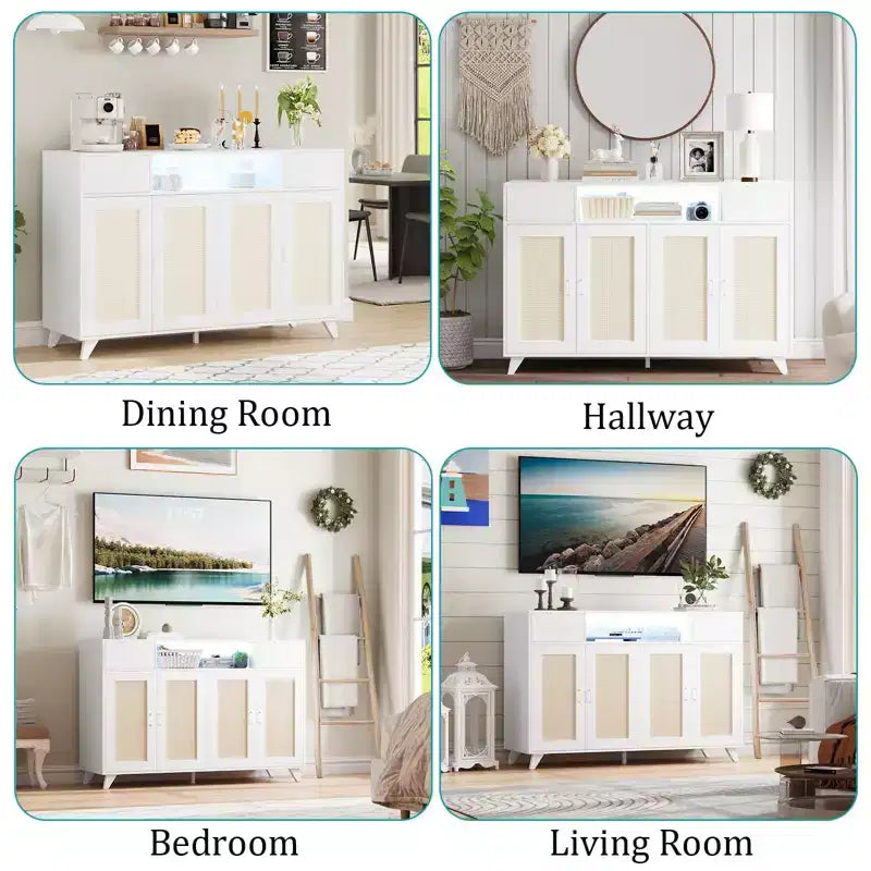 Drawer Rattan Cabinet with Storage, Boho Sideboard Buffet with Wood Frame for Living Room Dining Room Hallway