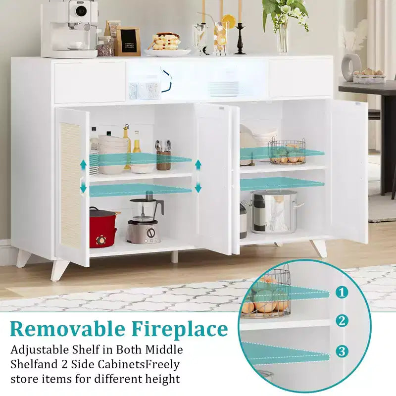Drawer Rattan Cabinet with Storage, Boho Sideboard Buffet with Wood Frame for Living Room Dining Room Hallway