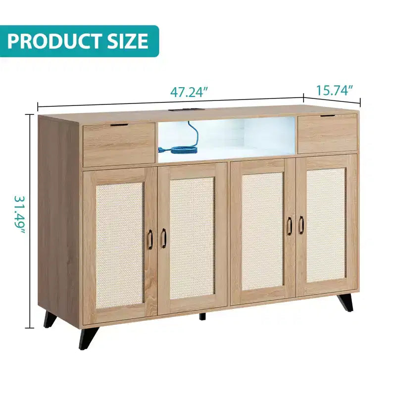 Drawer Rattan Cabinet with Storage, Boho Sideboard Buffet with Wood Frame for Living Room Dining Room Hallway