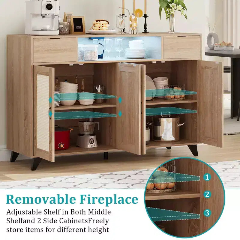 Drawer Rattan Cabinet with Storage, Boho Sideboard Buffet with Wood Frame for Living Room Dining Room Hallway