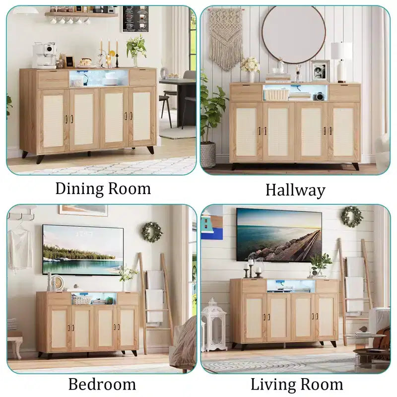 Drawer Rattan Cabinet with Storage, Boho Sideboard Buffet with Wood Frame for Living Room Dining Room Hallway