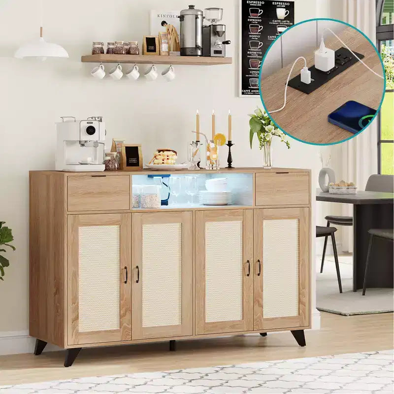 Drawer Rattan Cabinet with Storage, Boho Sideboard Buffet with Wood Frame for Living Room Dining Room Hallway