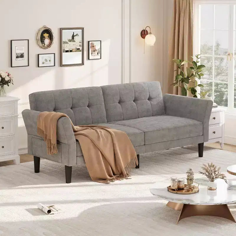 Futon Sofa Bed, Convertible Sofa Bed with Adjustable Backrest and Armrests, Modern Futon Double Sofa Bed for Living Room Bedroom Apartment