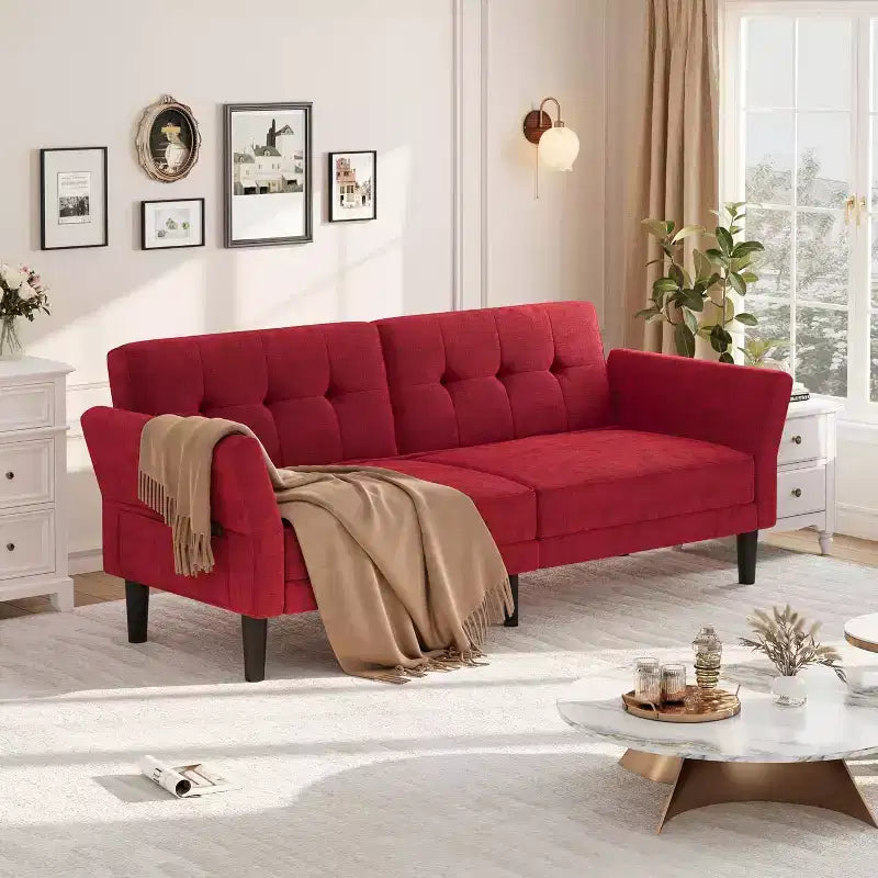 Futon Sofa Bed, Convertible Sofa Bed with Adjustable Backrest and Armrests, Modern Futon Double Sofa Bed for Living Room Bedroom Apartment