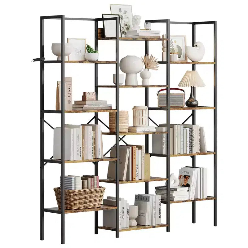 Large 5-Tier Floor-Standing Bookshelf Industrial-Style High-Capacity Bookcase Features 14 Open Display Shelves Ideal for Home and Office Use
