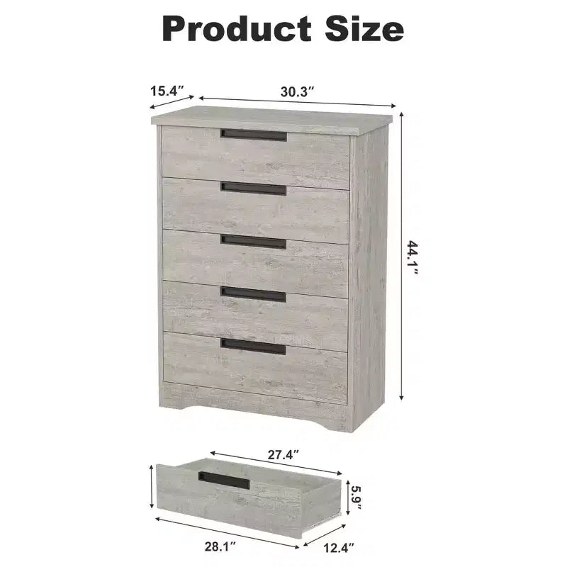 Embedded-handle design five-drawer chest, modern wooden drawer cabinet, space-saving compact storage, suitable for living rooms.