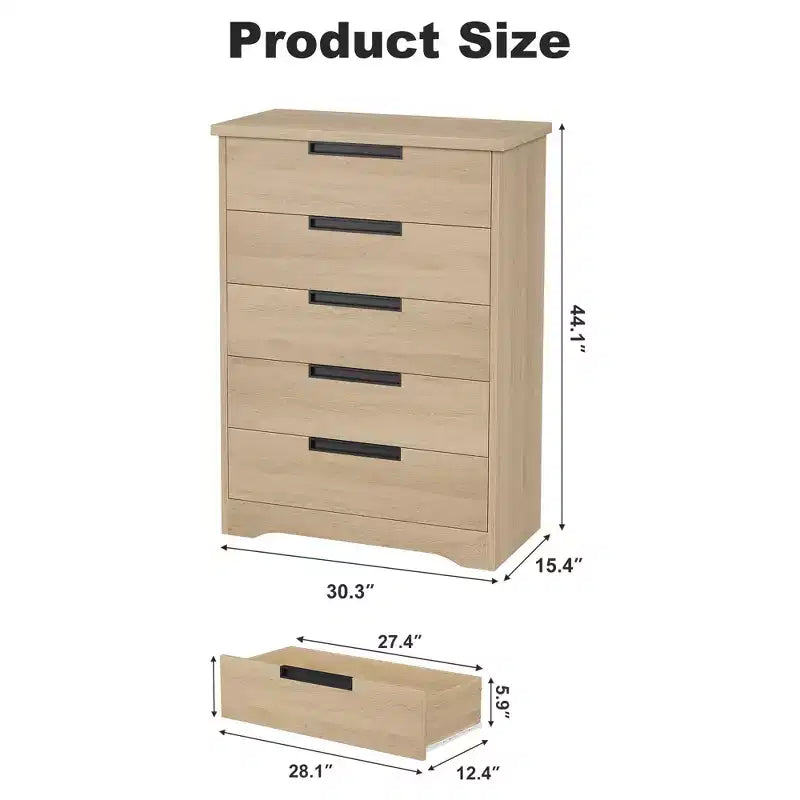 Embedded-handle design five-drawer chest, modern wooden drawer cabinet, space-saving compact storage, suitable for living rooms.