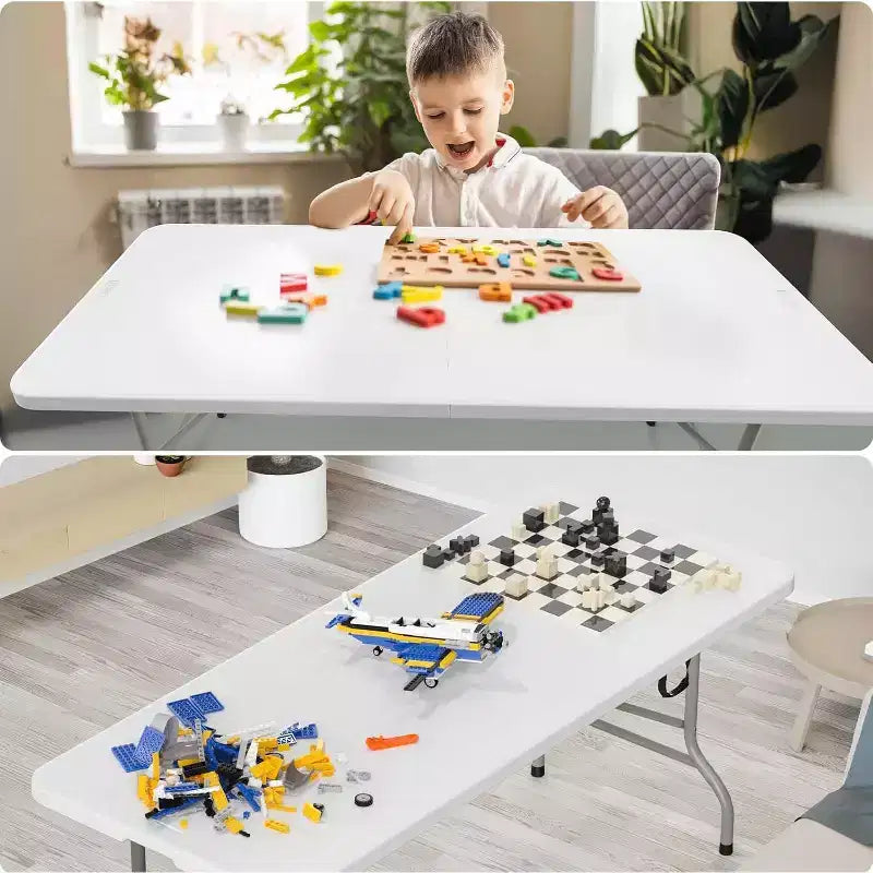 Folding Table, Portable Collapsible Plastic White Long Tables for Party, Camping, Banquet, Craft, Dining, Wedding, Outdoor and Indoor Use